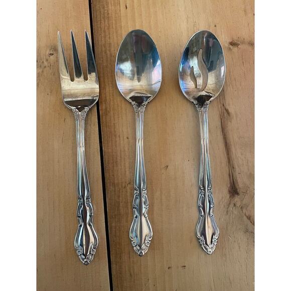 3 piece Oneida Chateau Serving Utensils. 2 spoons and 1 fork.Stainless. 8.5"long - Picture 3 of 3